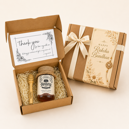 Raksha Bandhan Gift Hamper | 250g Raw Honey with Wooden Honey Dipper | Premium Gift Box with Rakhi Sleeve | Healthy Alternative to Sweets & Chocolates | Ready to Gift for Brother & Sister