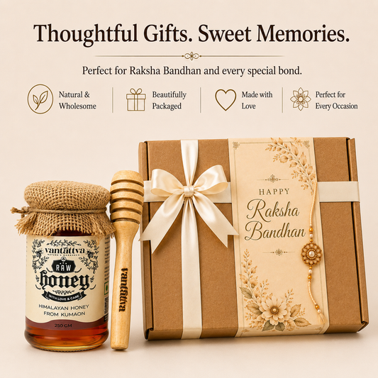 Raksha Bandhan Gift Hamper | 250g Raw Honey with Wooden Honey Dipper | Premium Gift Box with Rakhi Sleeve | Healthy Alternative to Sweets & Chocolates | Ready to Gift for Brother & Sister