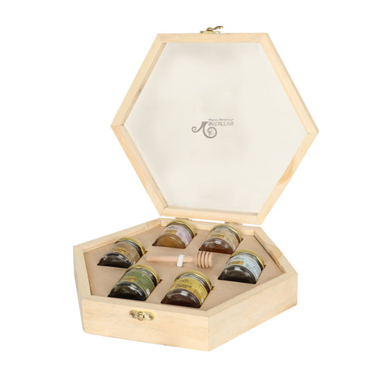 Pinewood Hexagonal Box: Pack of 6 unique varieties and wooden honey dipper