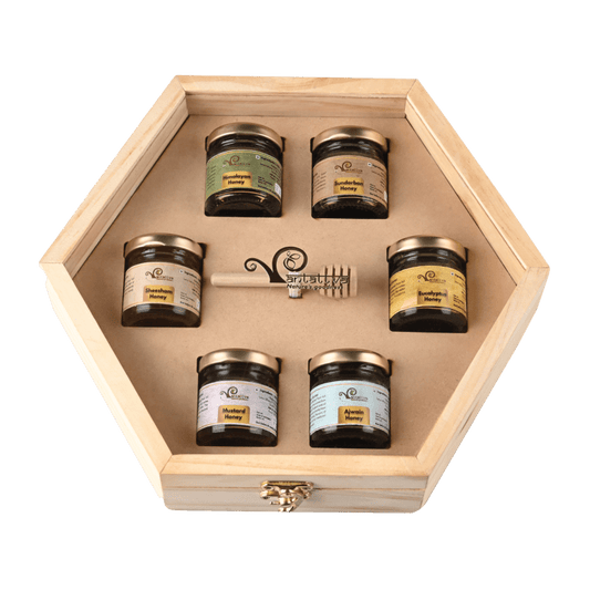 Pinewood Hexagonal Box: Pack of 6 unique varieties and wooden honey dipper