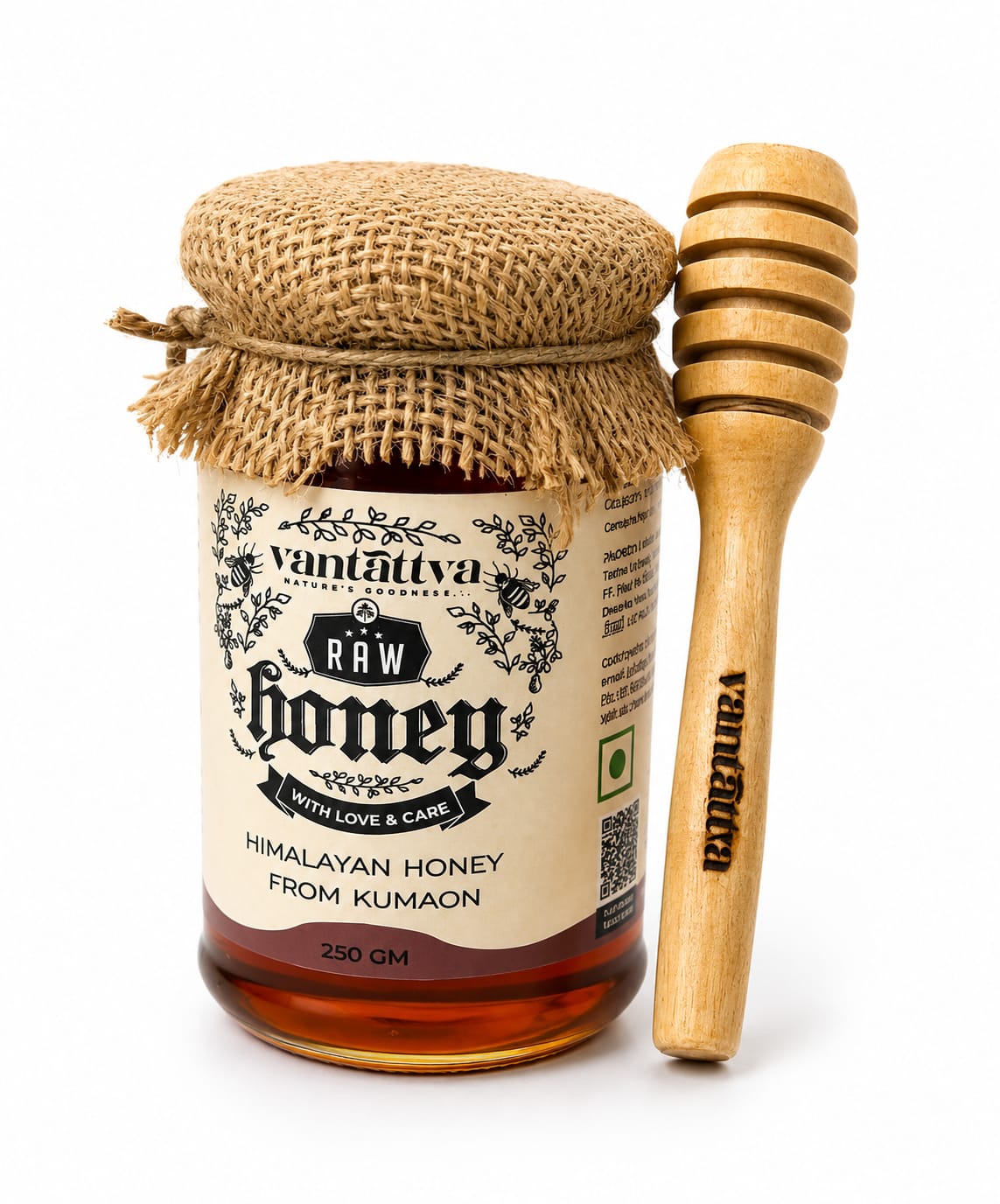 Honey gift jar of 250gm Honey in a rustic look with dipper jute on lid.