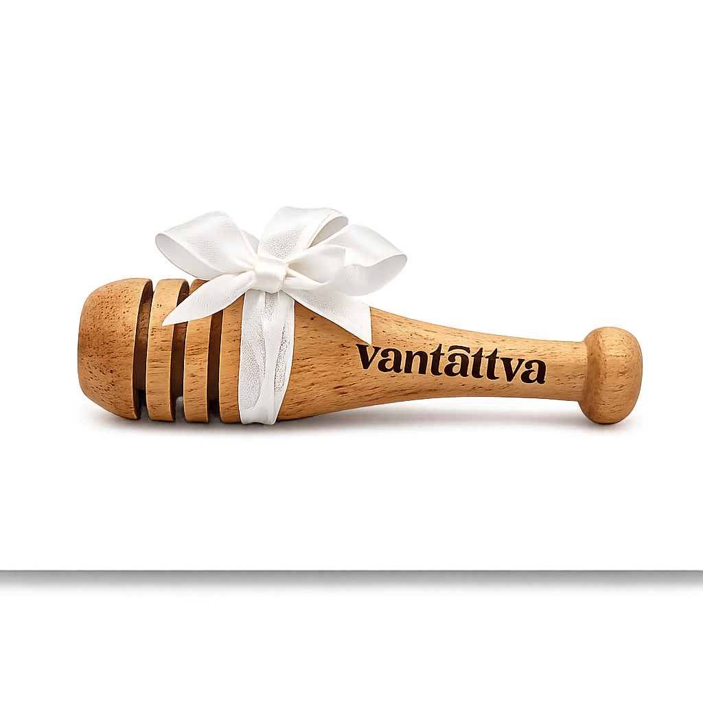 wooden dipper with ribbon