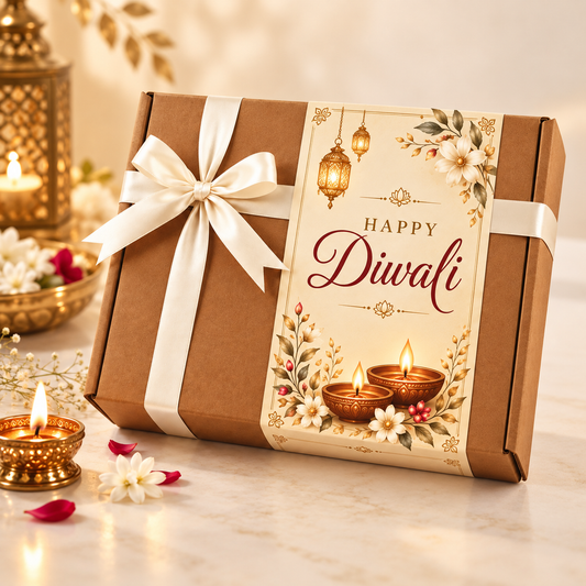 A brown kraft gift box wrapped with a white satin ribbon and bow, featuring a decorative front label that reads “Happy Diwali” with lanterns, flowers, and lit diya illustrations. 