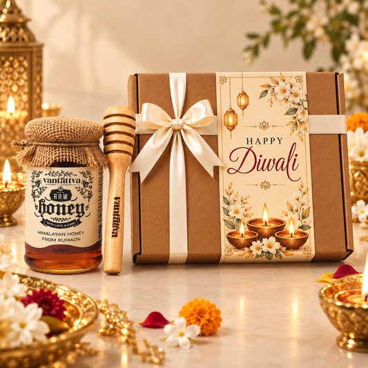 A Diwali gift set featuring a 250g jar of Vantattva Himalayan Honey, a wooden honey dipper, and a brown kraft gift box tied with a  ribbon and decorated with a 'Happy Diwali' label, arranged on a decorated table with lit candles and flowers.

