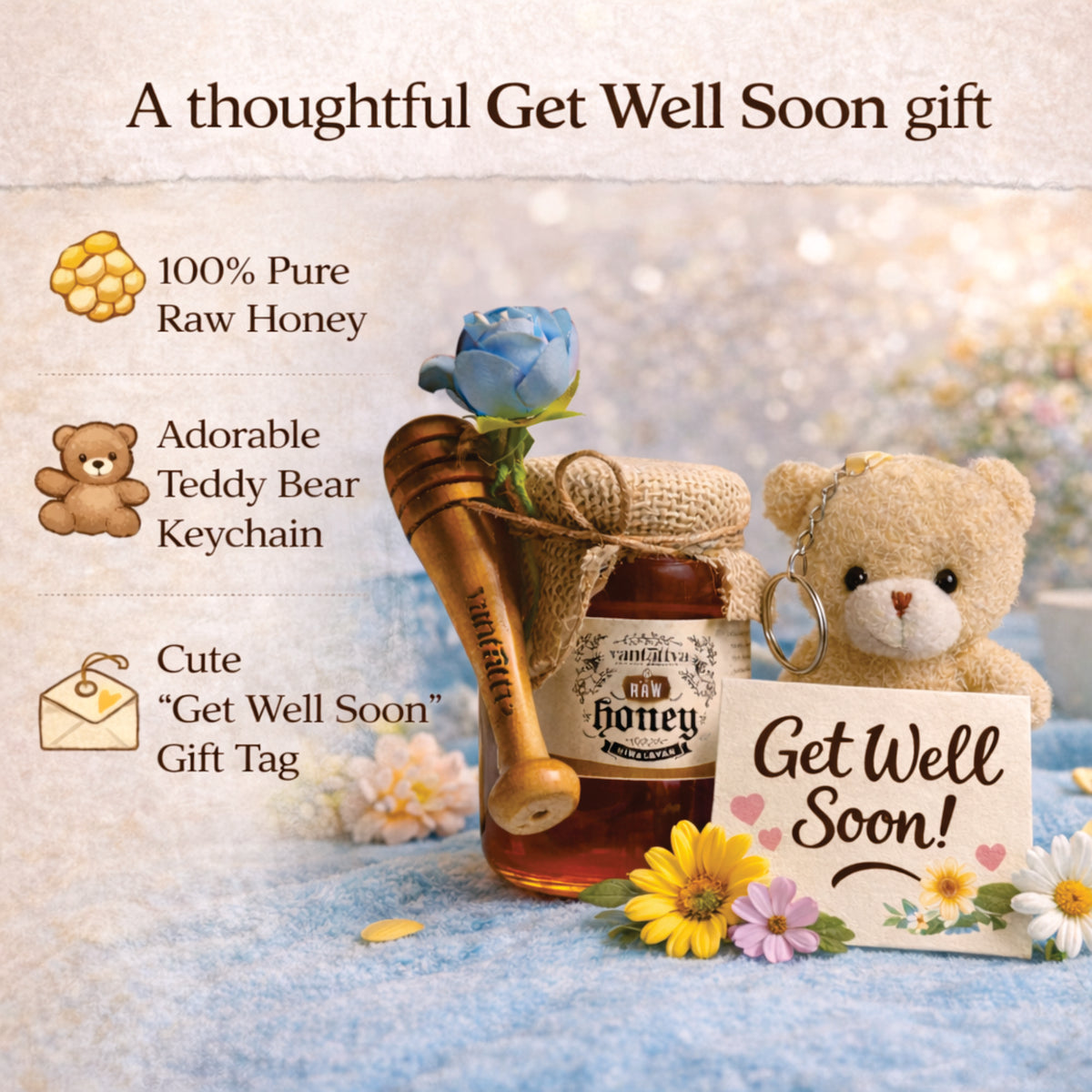 Get Well Soon gift set with honey, teddy bear keychain, and 'Get Well Soon' card on a soft background.
