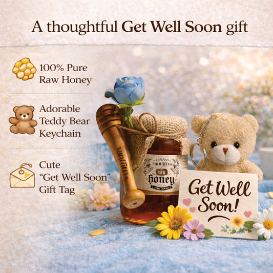 Get Well Soon gift set with honey, teddy bear keychain, and 'Get Well Soon' card on a soft background.