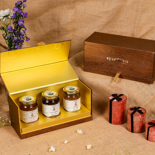 Vantattva Premium Luxurious gift pack of three varieties of honey for wedding festive and corporate gifting