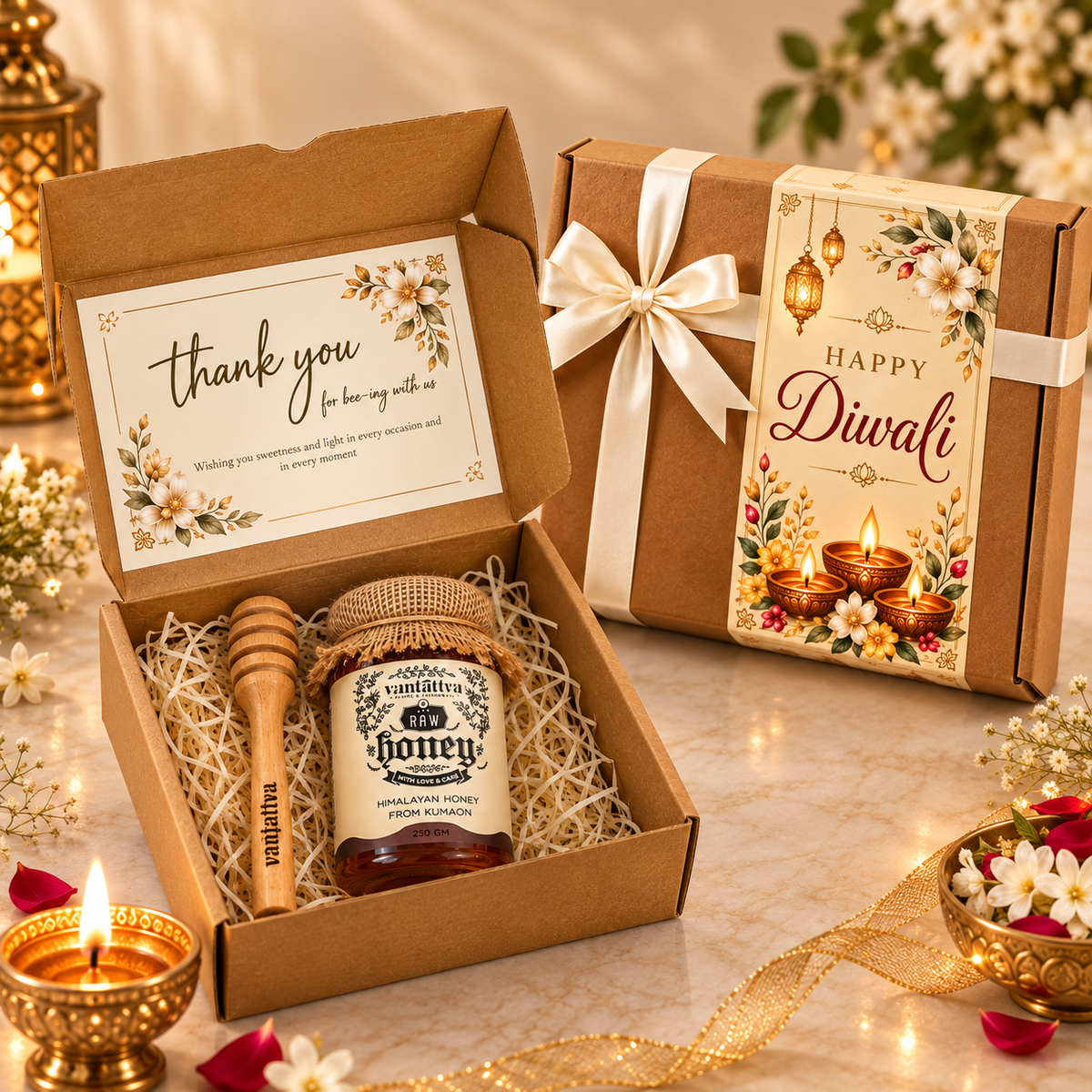 A Diwali gift box set featuring a kraft paper box with a white ribbon, a honey jar, a wooden honey dipper, and a floral 'thank you' card inside