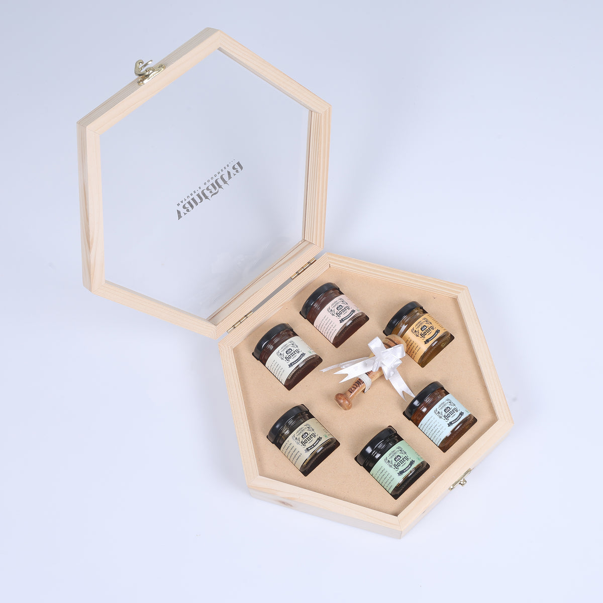 Vantattva Pinewood hexagonal gift box with six 50g honey jars and a wooden dipper