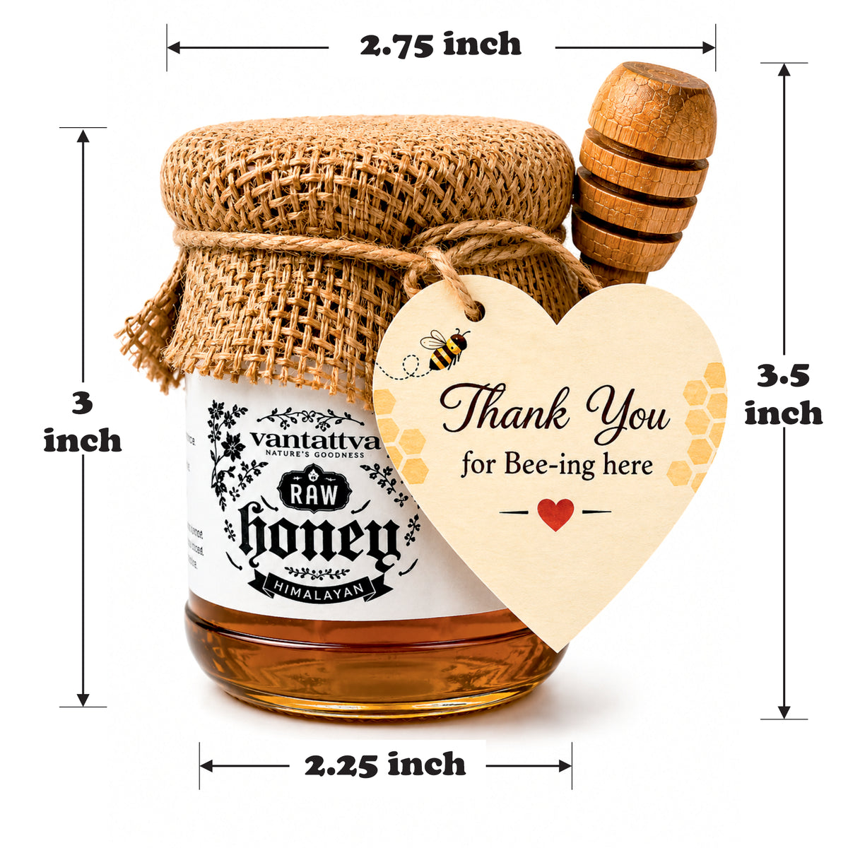 vantattva honey gift jar with wooden dipper honey spoon for festive gifting corporate gifting baby shower birthday dimensions