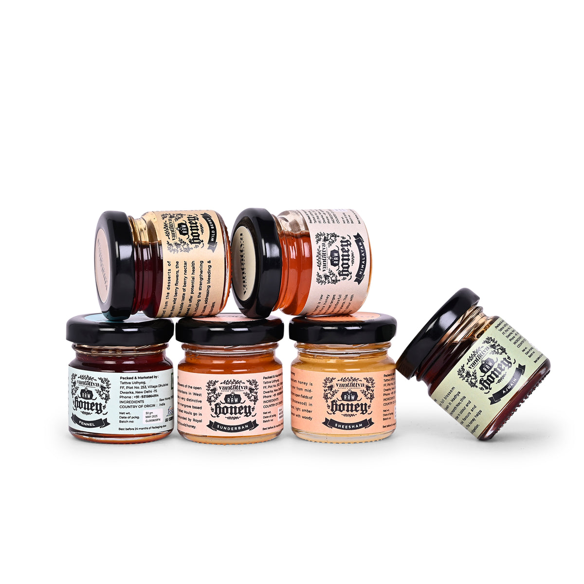 six mini honey jars